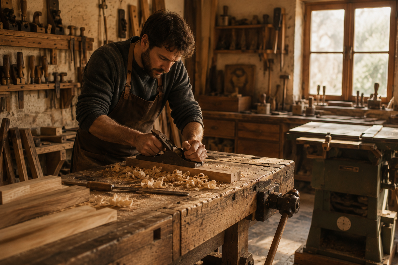 Antoine, maître artisan, au travail à l'établi